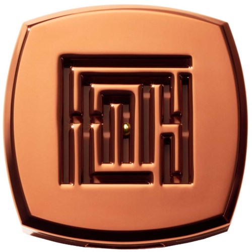 A shiny, square copper-colored maze with a central green ball.