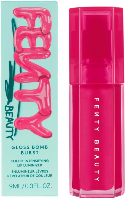 Färgglad läppglansflaska och förpackning med ljusa rosa och teal färger. Märket Fenty Beauty är synligt.