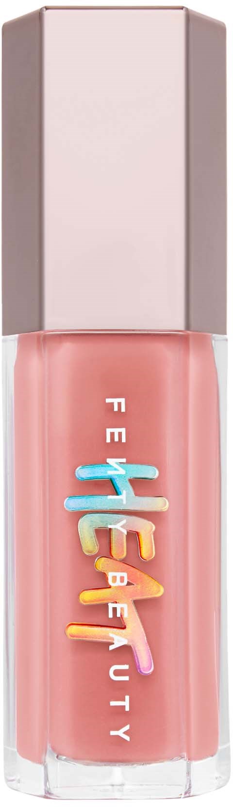 A pink nail polish bottle with a white cap, featuring colorful text that says HUDA BEAUTY.
