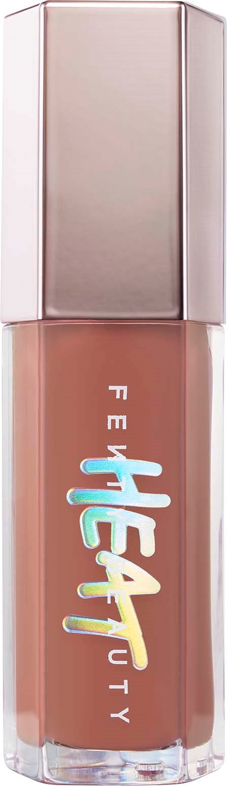 En läppstiftsflaska med ett glänsande, rosaaktigt lock och etikett med texten 'Fenty Beauty' i färgglad stil.
