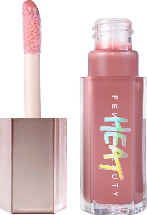 Läppglanstub med en rosa applikator. Flaskan har färggig text som säger 'Fenty Beauty.'