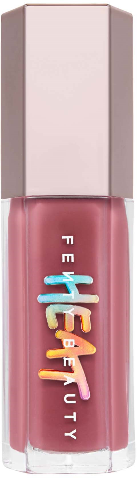 Pink lip gloss in a transparent bottle with a white cap and colorful brand lettering.