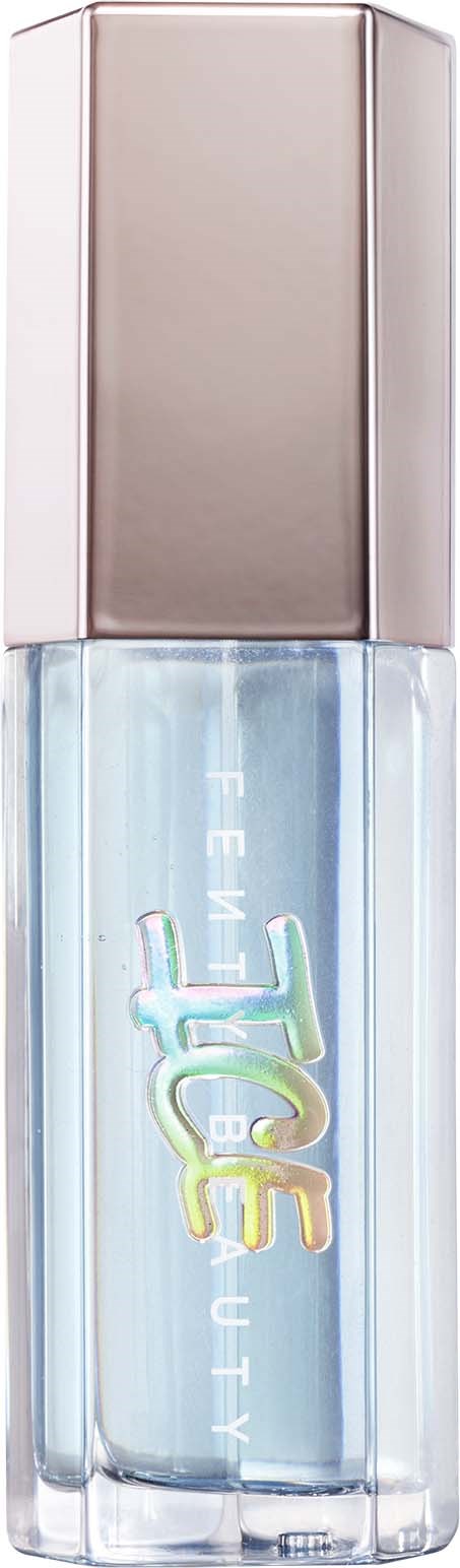A silver rectangular lipstick tube with a transparent base and the word "LOE" in colorful letters.