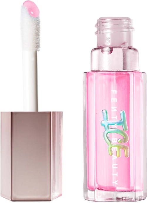 A pink and clear lip gloss bottle with a white applicator stick. The bottle has colorful text saying "TOE".