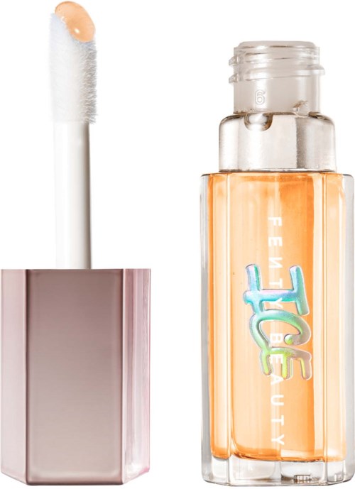Lip gloss in a clear bottle with a colorful logo and a white applicator wand with gloss.