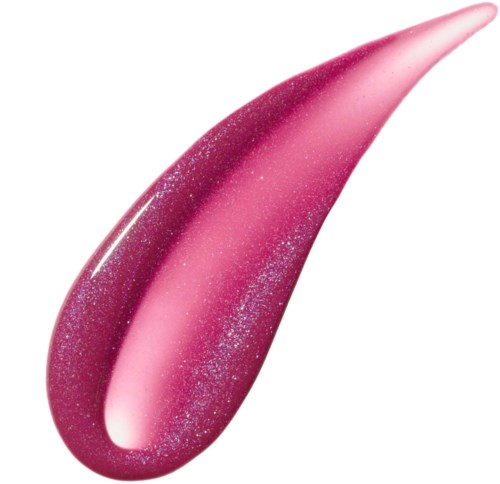A pink, curved makeup brush with glittery sparkles, tapering to a fine point.