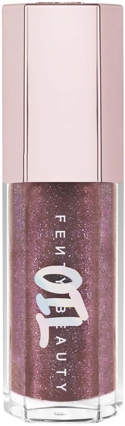 A bottle of glittery pink nail polish with a rose gold cap and Fenty Beauty logo.