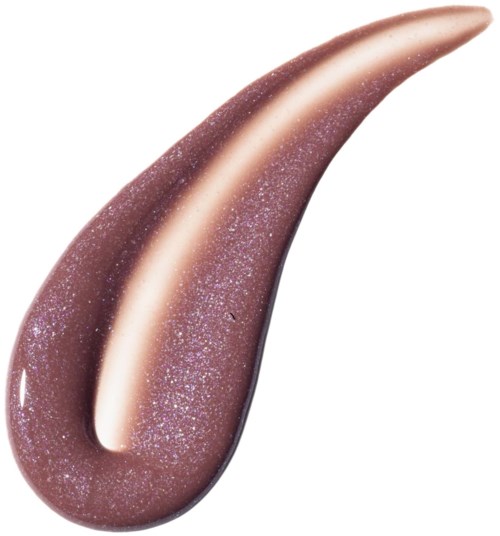 A shiny, pinkish-brown makeup product, shaped like a teardrop, with glittery and smooth textures.
