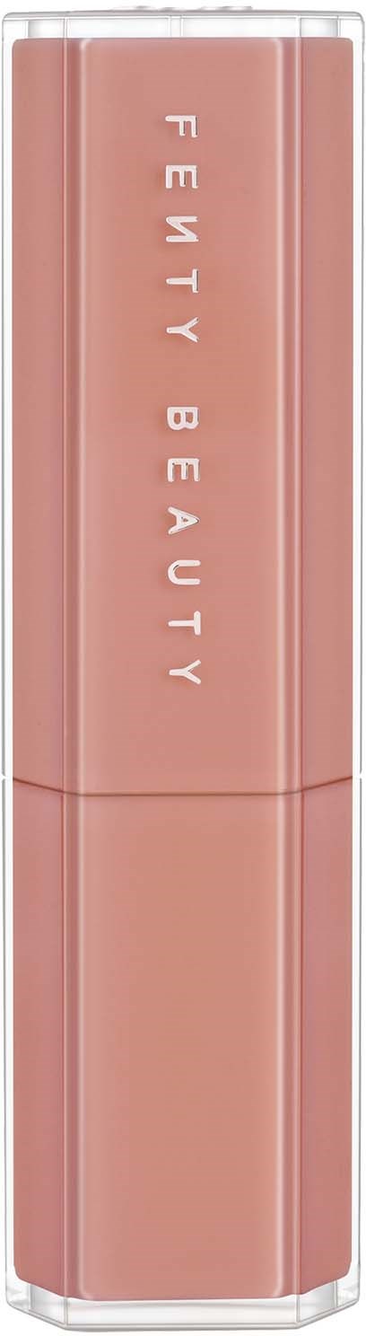 A pink lipstick tube with the words "Fenty Beauty" written vertically.