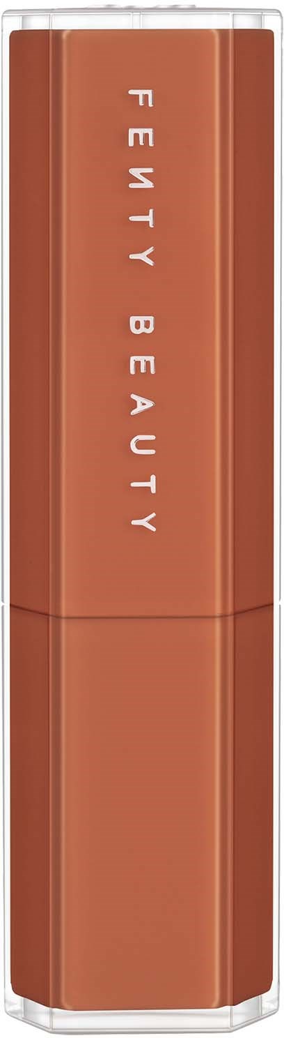 Glossy rectangular lipstick case in brown, with silver edges and the words "Fenty Beauty" on it.