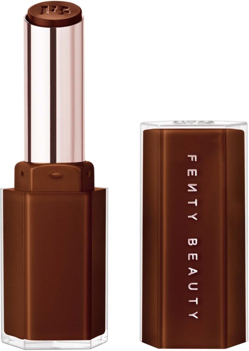 A lipstick with a brown casing and a silver cap, labeled 'Fenty Beauty'.