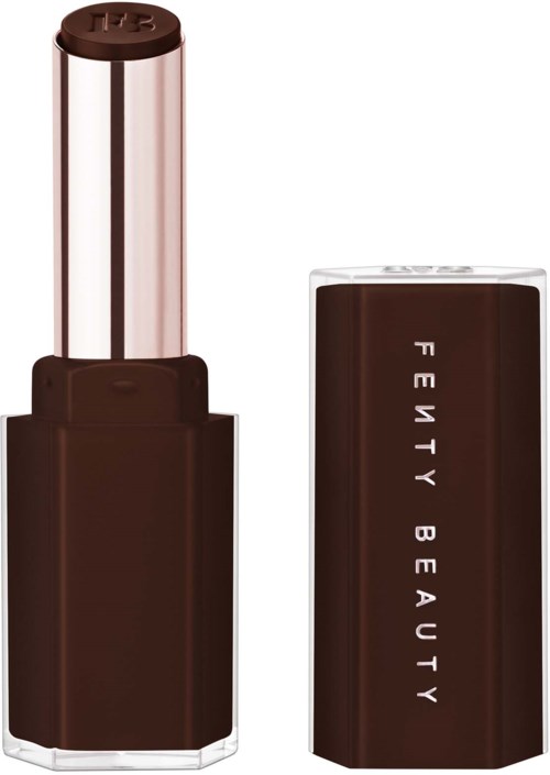 A brown lipstick with a silver top and a brown rectangular container of Fenty Beauty.