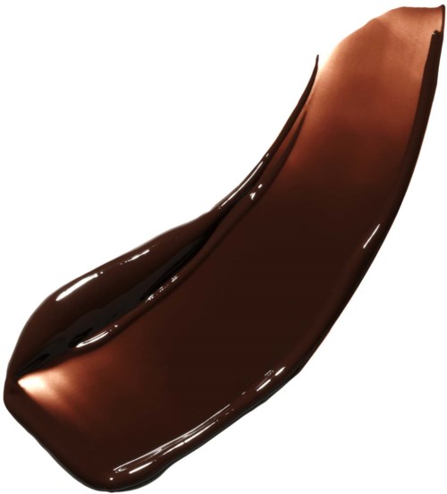 A shiny, smooth, brown chocolate piece shaped like a scoop or spoon.