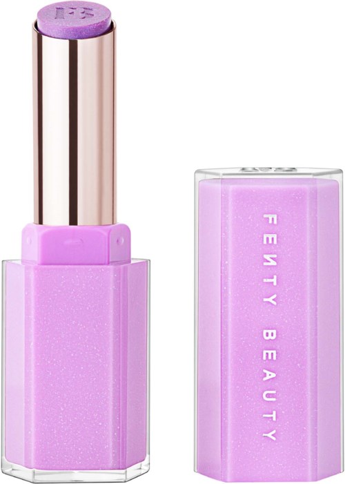 A purple lipstick with a transparent handle and branding, showing both open and closed states.