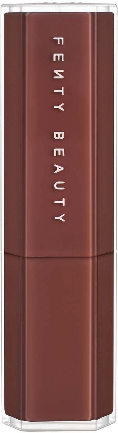 A lipstick tube with a brown body and silver cap, displaying 'Fenty Beauty' on the body.