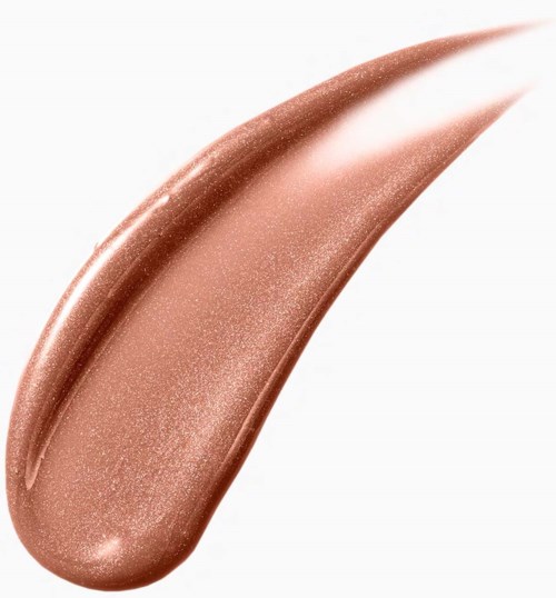 A shiny, metallic rose gold makeup swatch with a smooth, creamy texture and sparkly sheen.