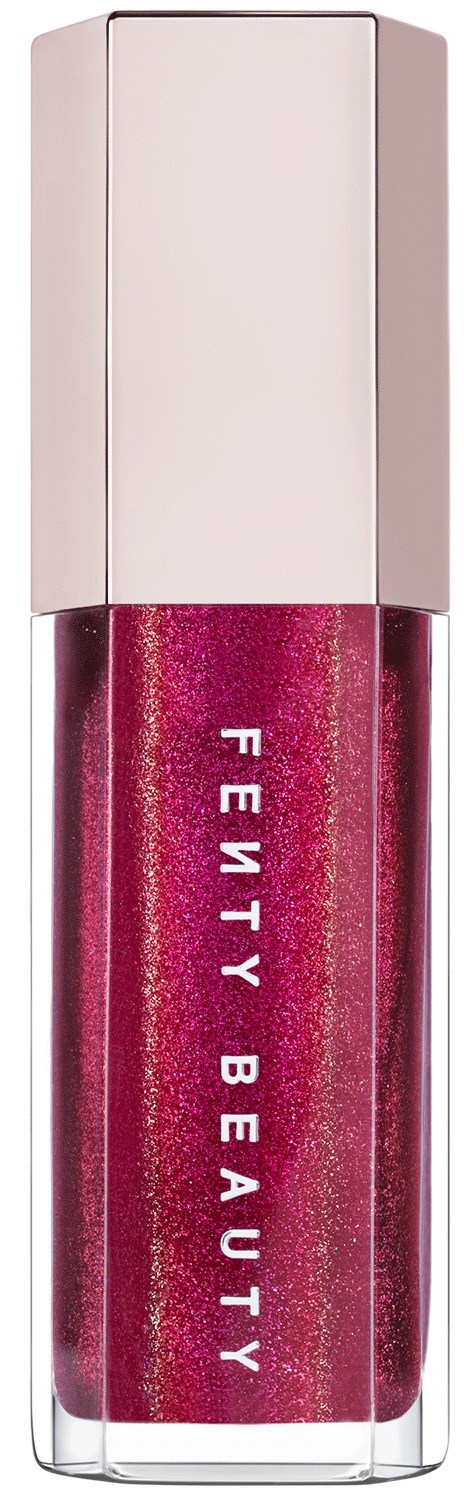 Pink lip gloss tube with a white cap, labeled 'Fenty Beauty'.
