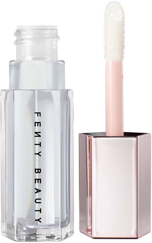Fenty Beauty logo with a clear lip gloss and a pink-tinted applicator.