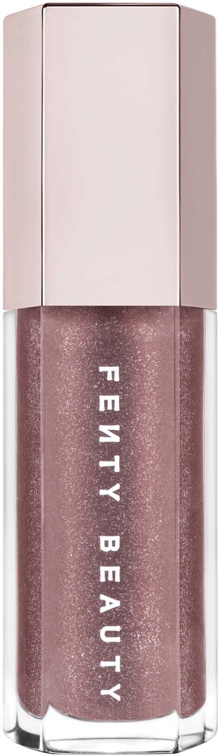 Lip gloss in a pinkish shade with silver cap, brand is Fenty Beauty written vertically.