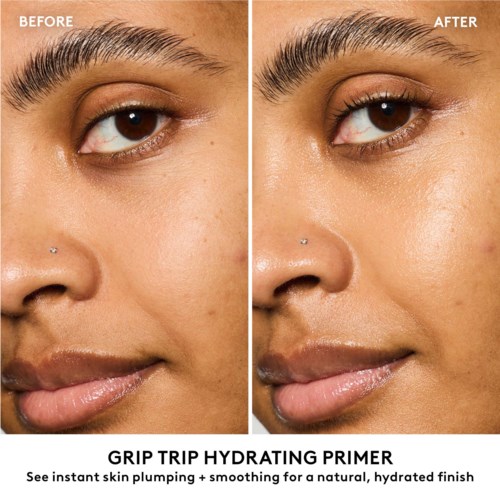 Side-by-side images show skin before and after using a hydrating primer. Skin looks smoother and more plump after.
