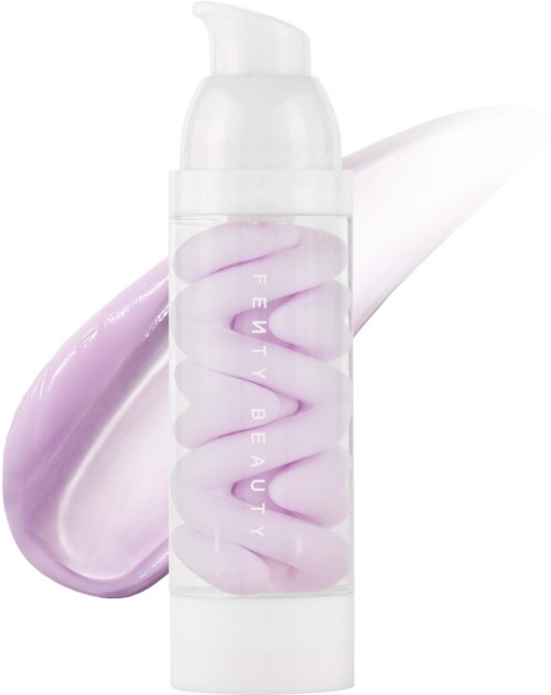 A clear bottle with a purple and white swirl design behind it, contains a skincare product with a pump.
