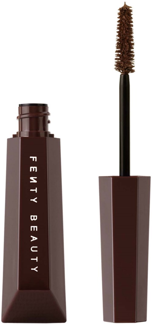 Harmaa ripsiväripullo avattu harjalla, kyljessään "Fenty Beauty."