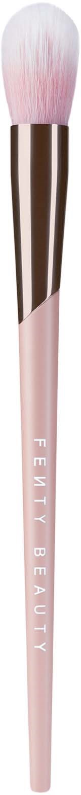 A pink makeup brush with a brown and metallic handle, labeled "FEWTY BEAUTY," with soft bristles.