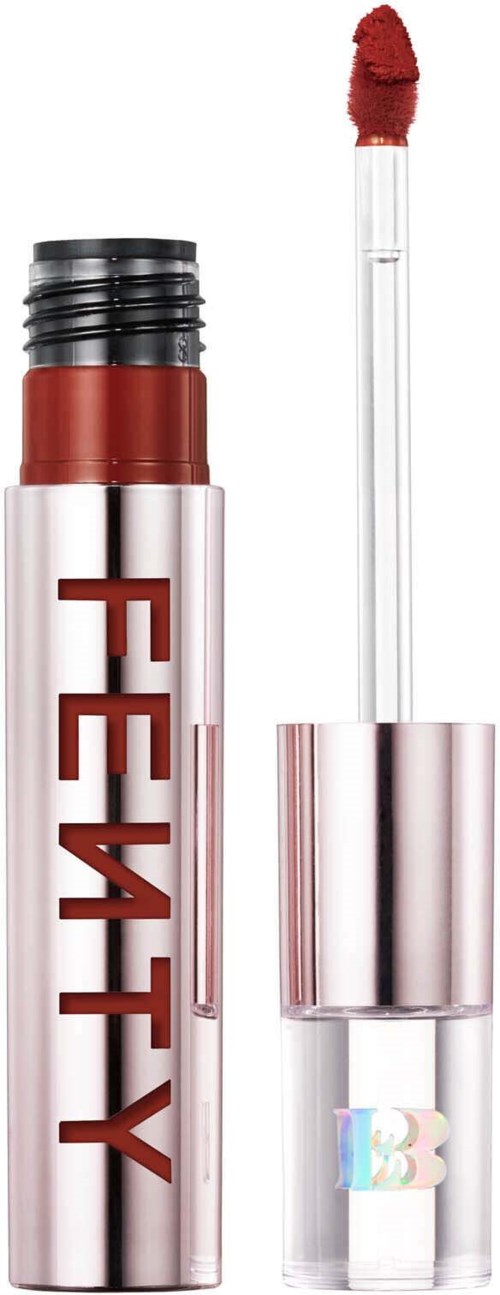 Lip gloss tube with a red gloss applicator on white background.