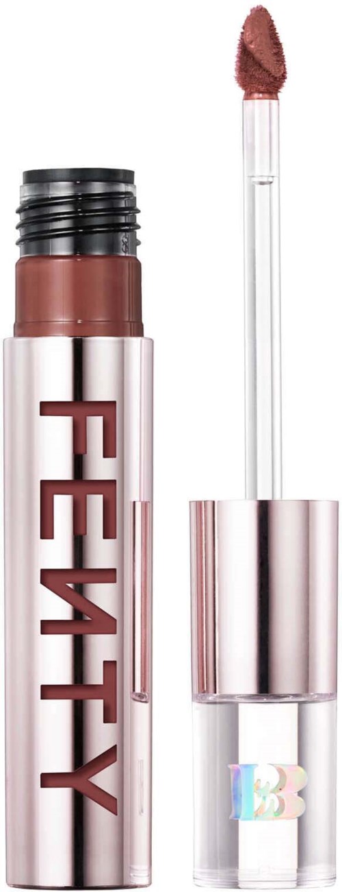 A lipstick tube with a brown shade, opened with the applicator next to it, labeled 'FENTY'.