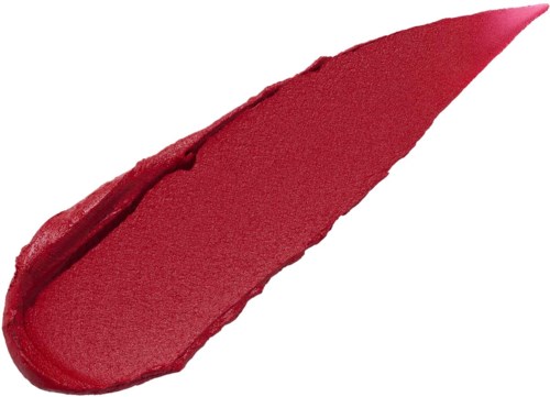A red lipstick smear with a pointed tip on a white background.