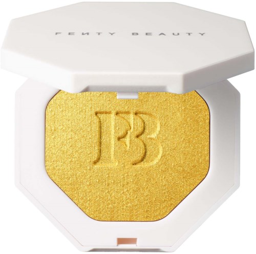 Keltainen luomiväri, jossa on kohokuva Fenty Beauty -logosta, valkoisessa pakkauksessa.