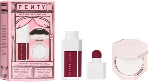 Fenty Beauty liquid blush and highlighter duo with applicator in packaging. Includes a blush and highlighter product.