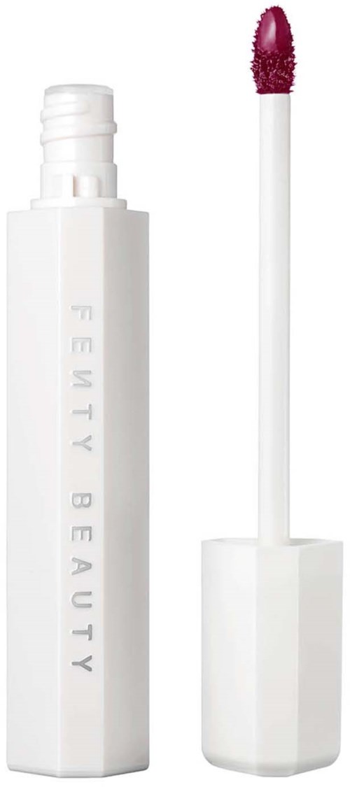 Lip gloss with a white tube and a brush applicator with dark pink gloss.