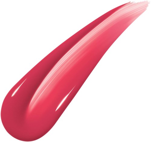 A pink, curved lipstick brush or tool with a shiny surface and a pointed tip.
