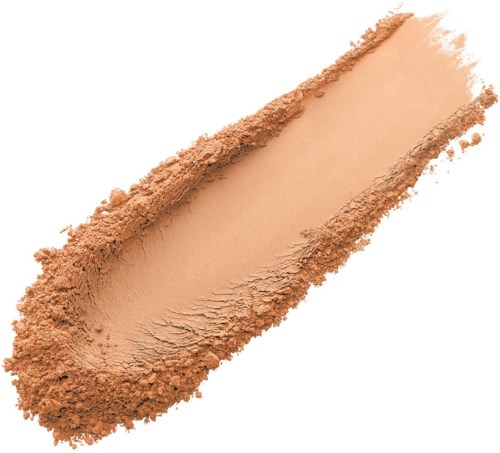 A streak of beige or light brown powder, possibly makeup or skin product, on a white background.
