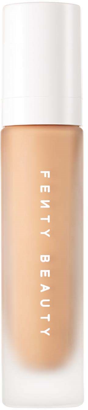 A Fenty Beauty liquid foundation bottle with a white cap and beige liquid inside.