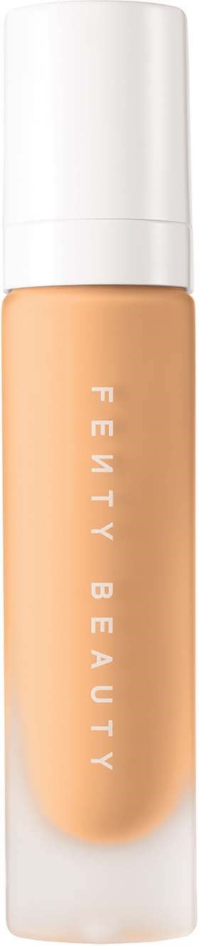 A foundation bottle with white cap and beige liquid inside, labeled 'Fenty Beauty' vertically.