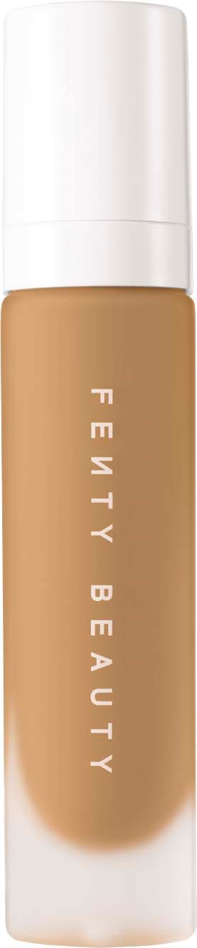 A bottle of Fenty Beauty foundation with a white cap and beige liquid inside.
