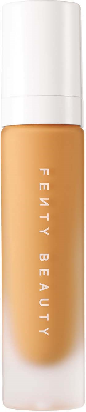 A bottle of Fenty Beauty liquid foundation with a white cap and gradient label.
