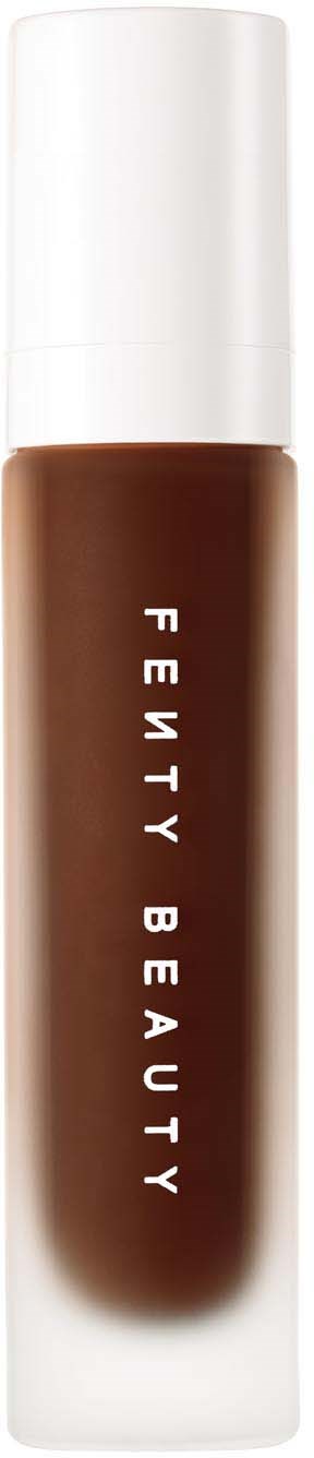 A brown makeup bottle with a white cap and the words "Fenty Beauty" written vertically.