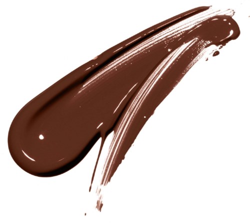 A brown paint stroke on a white background, curving smoothly with some texture and shine.