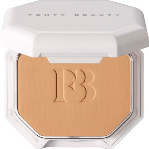Fenty Beauty compact with embossed 'FB' logo in beige powder. White lid with brand name. Minimalist and clean design.