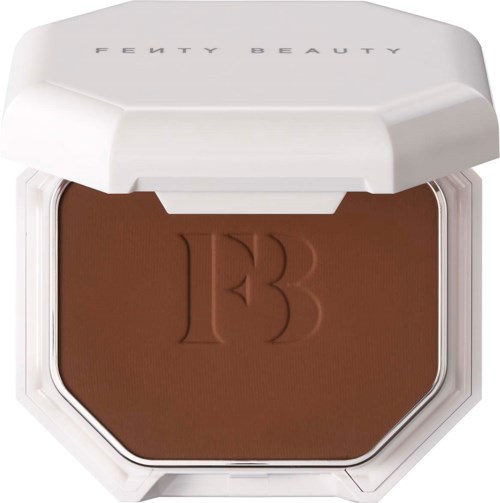 A brown Fenty Beauty powder compact with an embossed 'FB' logo on the surface.