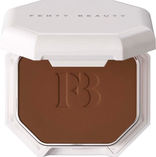 A brown powder in a compact with a white lid, featuring the Fenty Beauty logo embossed on it.