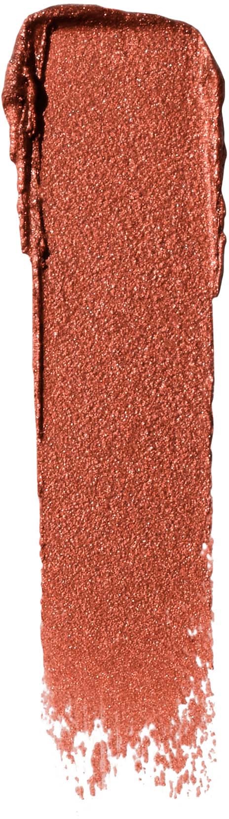 A long, shiny, rose gold makeup swatch or lipstick smear on white background.