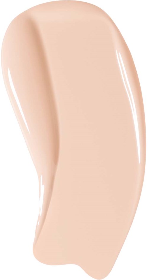 En beige flytande foundation prov på vit bakgrund.