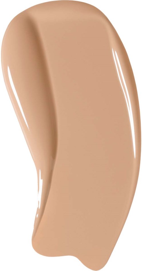 En beige flytande foundation spridning med en lätt böjd form och glänsande finish.