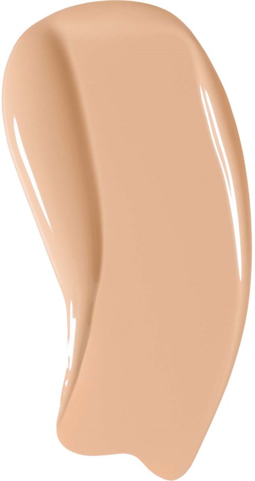 En beige foundationprovmåne med glänsande yta och rund form.