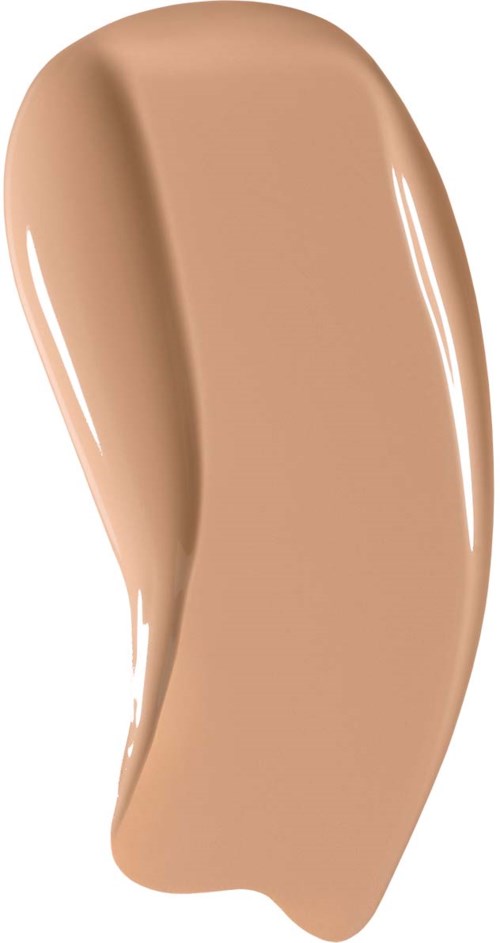 En beige flytande foundationprov på vit bakgrund.