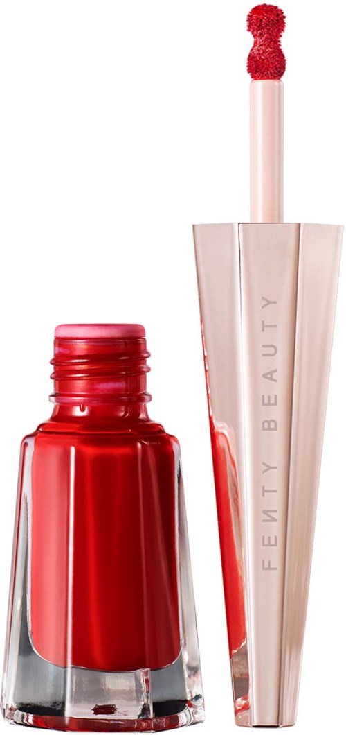 Lip gloss with a pink cap and the wand showing red lip gloss inside.